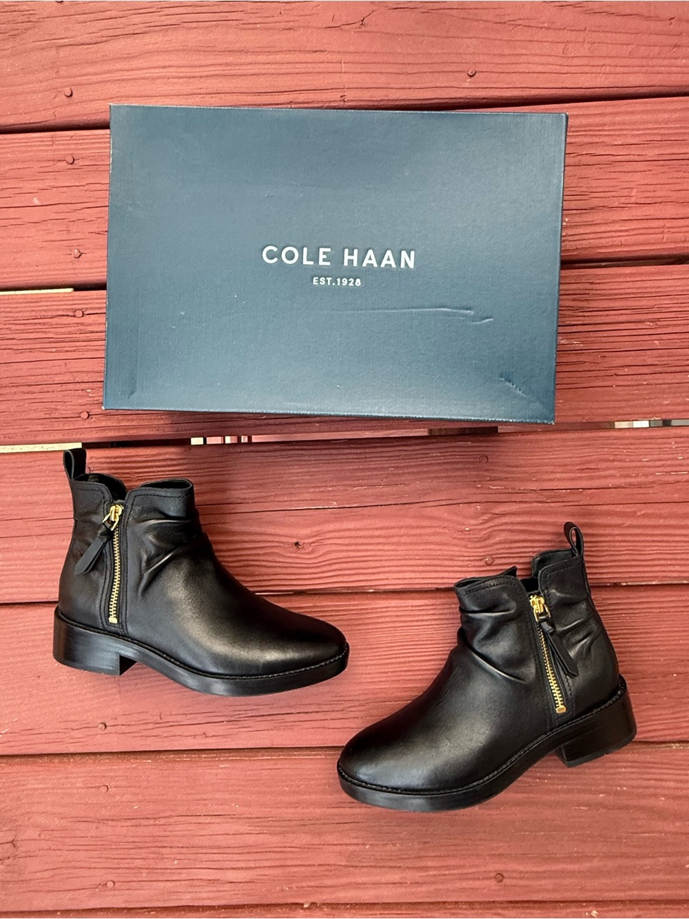 Cole Haan Black Leather Ankle Boots with Gold Zippers